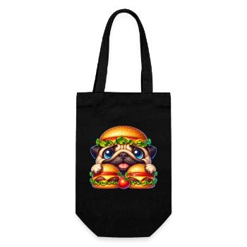 Lustiger Mops mit Burger Fast Food - Geschenkbeutel für Flaschen - Schwarz - Vorne