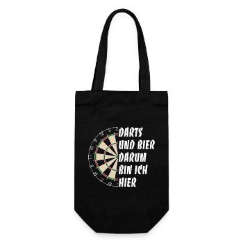 Darts und Bier darum bin ich hier - Dart Spruch - Geschenkbeutel für Flaschen - Schwarz - Vorne