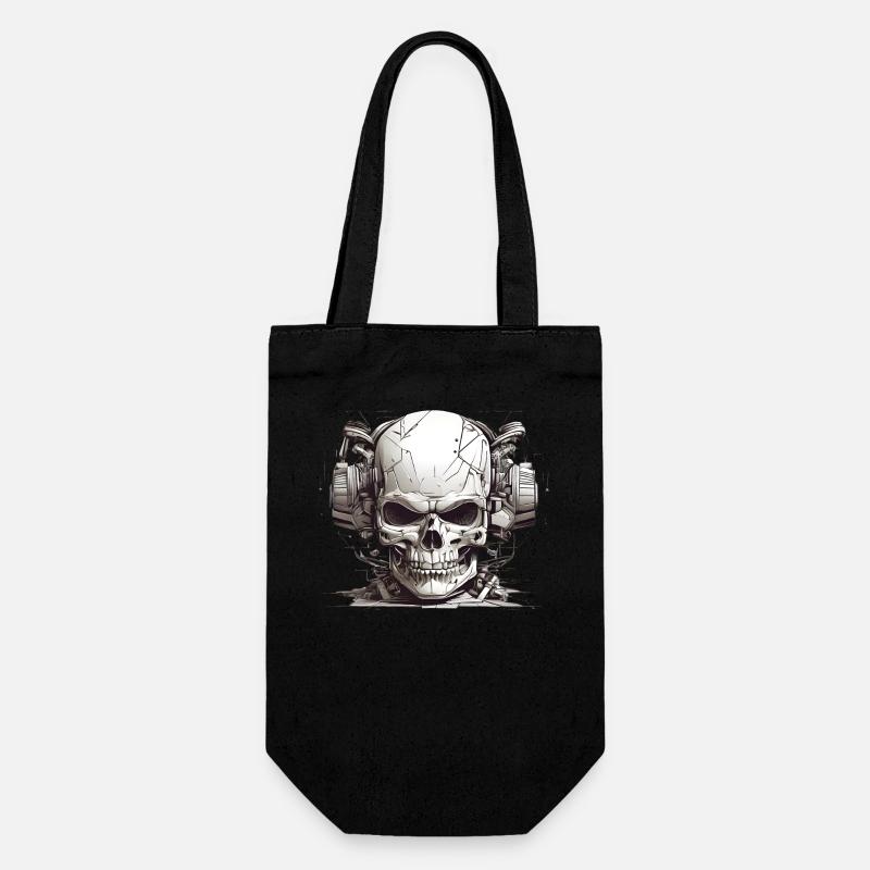 Moderner Totenkopf mit Kopfhörer in Schwarz-Weiß - Geschenkbeutel für Flaschen - Schwarz