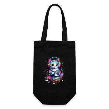 Cute cat with headphones and books - Gift Bag for Bottles - black - Front