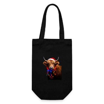 Weihnachtliche Hochlandkuh mit Weihnachtsbeleuchtung - Geschenkbeutel für Flaschen - Schwarz - Vorne