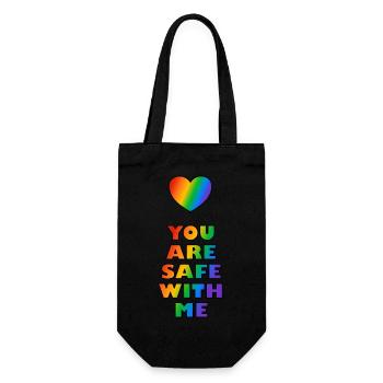 Du bist sicher bei mir Rainbow Heart LGBT Safe Space - Geschenkbeutel für Flaschen - Schwarz - Vorne