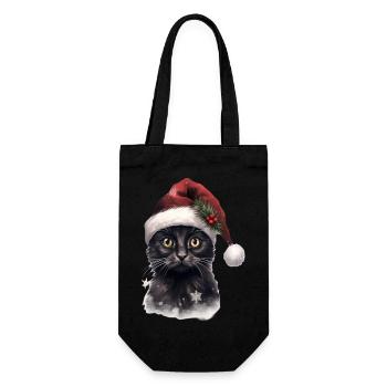 Schwarze Katze mit Weihnachtsmütze, T-Shirt, Tasse - Geschenkbeutel für Flaschen - Schwarz - Vorne