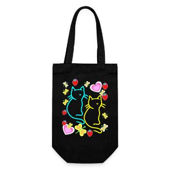 Retro Katzen Katze Herzen Erdbeeren Sommer Kinder - Geschenkbeutel für Flaschen - Schwarz - Vorne