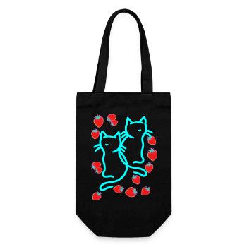 80er 90er Katzen Katze Erdbeeren Sommer Vintage - Geschenkbeutel für Flaschen - Schwarz - Vorne