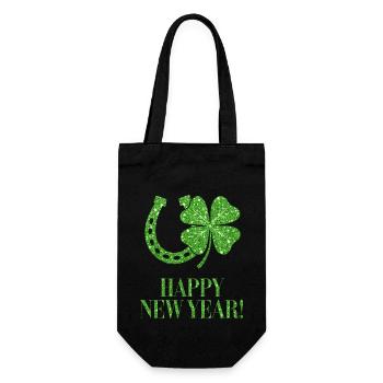 Kleeblatt Hufeisen Silvester Neujahr Glücksbringer - Geschenkbeutel für Flaschen - Schwarz - Vorne