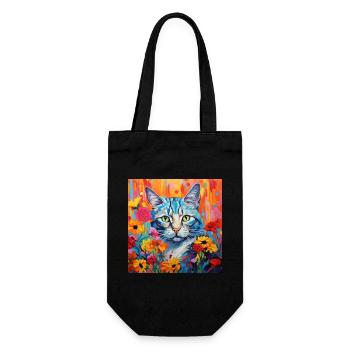 Katze, katzenmotiv, blumen, geschenk, geschenkidee - Geschenkbeutel für Flaschen - Schwarz - Vorne