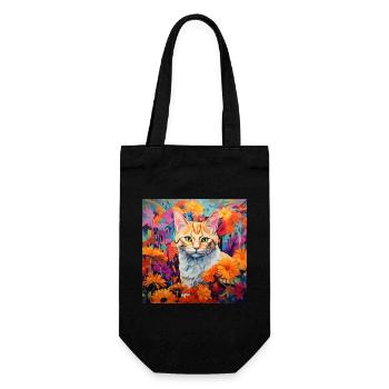 Katze, katzenmotiv, blumen, geschenk, geschenkidee - Geschenkbeutel für Flaschen - Schwarz - Vorne
