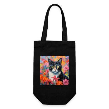chat, motif de chat, fleurs, cadeau, idée cadeau - Sac à bouteille - noir - Devant