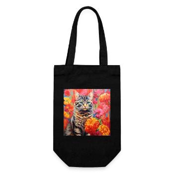 Katze, katzenmotiv, blumen, geschenk, geschenkidee - Geschenkbeutel für Flaschen - Schwarz - Vorne