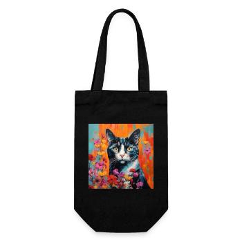 chat, motif de chat, fleurs, cadeau, idée cadeau - Sac à bouteille - noir - Devant