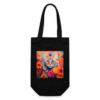 Katze, katzenmotiv, blumen, geschenk, geschenkidee - Geschenkbeutel für Flaschen - Schwarz - Vorne
