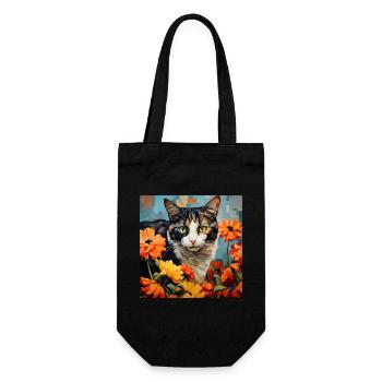 Katze, katzenmotiv, blumen, geschenk, geschenkidee - Geschenkbeutel für Flaschen - Schwarz - Vorne