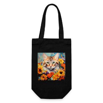 Katze, katzenmotiv, blumen, geschenk, geschenkidee - Geschenkbeutel für Flaschen - Schwarz - Vorne