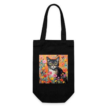chat, motif de chat, fleurs, cadeau, idée cadeau - Sac à bouteille - noir - Devant