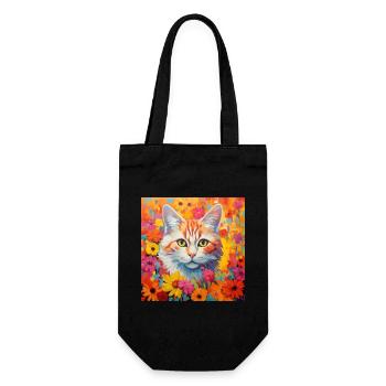 Katze, katzenmotiv, blumen, geschenk, geschenkidee - Geschenkbeutel für Flaschen - Schwarz - Vorne