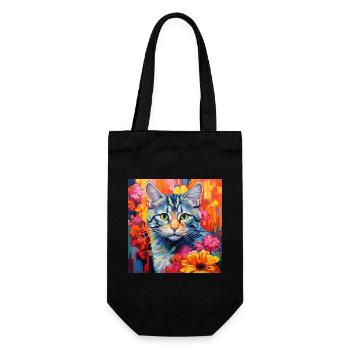 Katze, katzenmotiv, blumen, geschenk, geschenkidee - Geschenkbeutel für Flaschen - Schwarz - Vorne