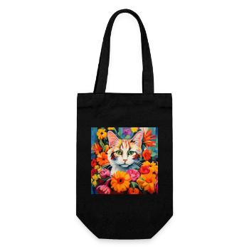 Katze, katzenmotiv, blumen, geschenk, geschenkidee - Geschenkbeutel für Flaschen - Schwarz - Vorne