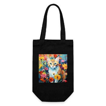 Katze, katzenmotiv, blumen, geschenk, geschenkidee - Geschenkbeutel für Flaschen - Schwarz - Vorne