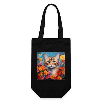 Katze, katzenmotiv, blumen, geschenk, geschenkidee - Geschenkbeutel für Flaschen - Schwarz - Vorne