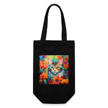 Katze, katzenmotiv, blumen, geschenk, geschenkidee - Geschenkbeutel für Flaschen - Schwarz - Vorne