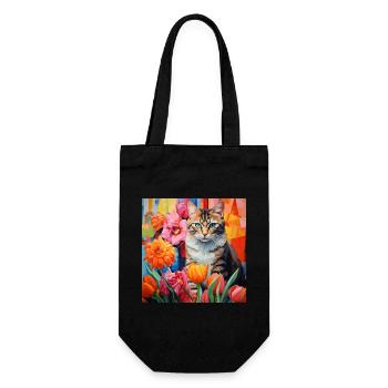 chat, motif de chat, fleurs, cadeau, idée cadeau - Sac à bouteille - noir - Devant