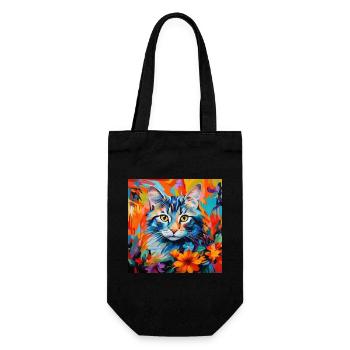 Katze, katzenmotiv, blumen, geschenk, geschenkidee - Geschenkbeutel für Flaschen - Schwarz - Vorne