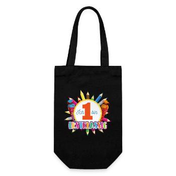 Emblem Erstklassig mit Buntstiften und Schultüten - Geschenkbeutel für Flaschen - Schwarz - Vorne