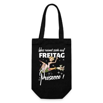 Was reimt sich auf Freitag? Prosecco! - Geschenkbeutel für Flaschen - Schwarz - Vorne