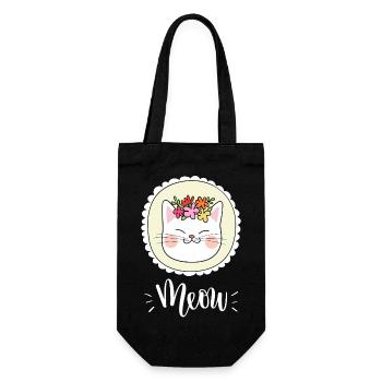 Niedliche Kawaii lustige Katze mit Blumen, die Miauen sagen - Geschenkbeutel für Flaschen - Schwarz - Vorne