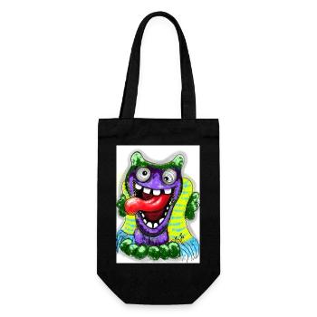 Bunter Cartoon Monster mit Riesenzunge - Geschenkbeutel für Flaschen - Schwarz - Vorne