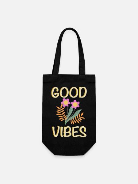 Gute Vibes Blumenmotiv - Geschenkbeutel für Flaschen - Schwarz
