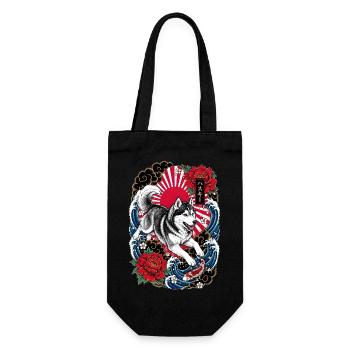 Siberian Husky im japanischen Tattoo Stil - Geschenkbeutel für Flaschen - Schwarz - Vorne