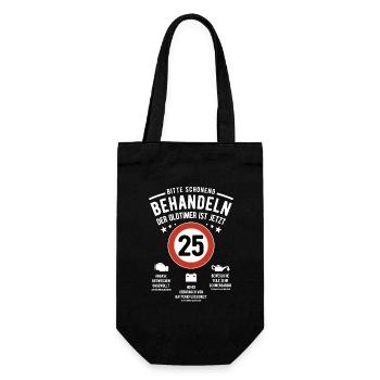 Oldtimer schonend behandeln - 25. Geburtstag - Geschenkbeutel für Flaschen - Schwarz - Vorne