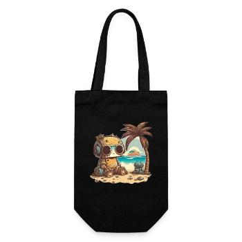 A small robot in a t-shirt relaxes on the beach - Gift Bag for Bottles - black - Front