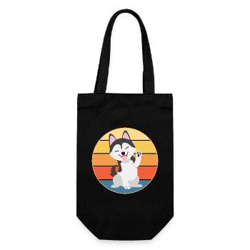 Lustige Kawaii Niedliche Husky Hund Vintage Retro Sonnenuntergang - Geschenkbeutel für Flaschen - Schwarz - Vorne