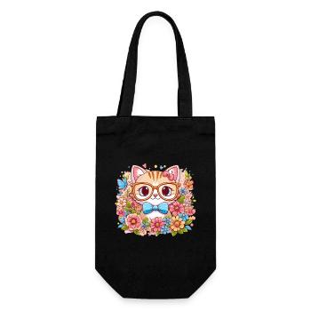 KATZE MIEZE KÄTZCHEN HAUSTIER BLUME WIESE FRÜHLING - Geschenkbeutel für Flaschen - Schwarz - Vorne