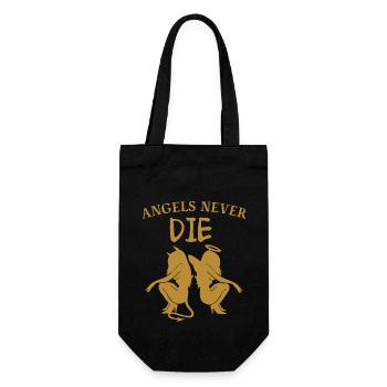 ANGELS NEVER DIE-Engel und Teufel mit Spruch - Geschenkbeutel für Flaschen - Schwarz - Vorne
