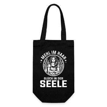 Mehl im Haar, Glück in der Seele - Backen Design - Geschenkbeutel für Flaschen - Schwarz - Vorne