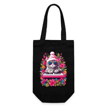 Cute Cat with Piano - Gift Bag for Bottles - black - Front