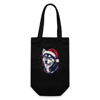 Husky Dog mit Weihnachtsmütze - Geschenkbeutel für Flaschen - Schwarz - Vorne