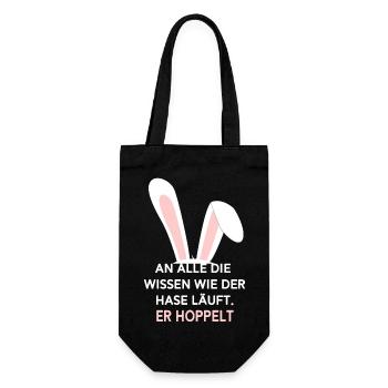 An alle die wissen wie der Hase läuft. Er hoppelt - Geschenkbeutel für Flaschen - Schwarz - Vorne