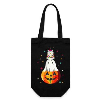Eule und Geist auf dem Kürbis – Halloween-Motiv - Geschenkbeutel für Flaschen - Schwarz - Vorne
