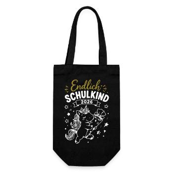 Endlich Schulkind 2026 Unicorn - Geschenkbeutel für Flaschen - Schwarz - Vorne