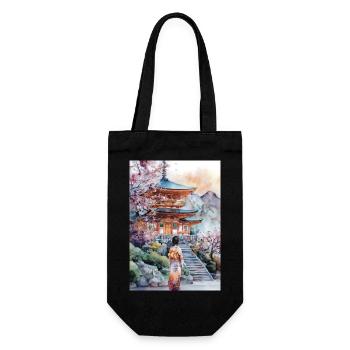 Kimono-Pagode und Kirschbäume - Geschenkbeutel für Flaschen - Schwarz - Vorne