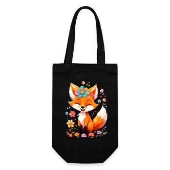 Fox Cute Cute Nature Woodland Animal Drawing Flowers - Gift Bag for Bottles - black - Front