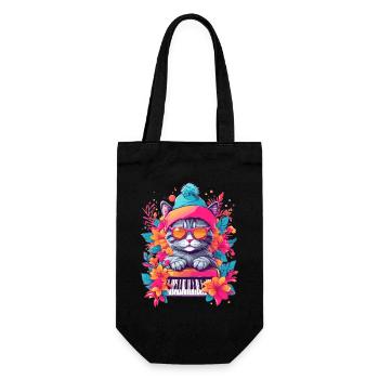 Cute Cat with Piano - Gift Bag for Bottles - black - Front