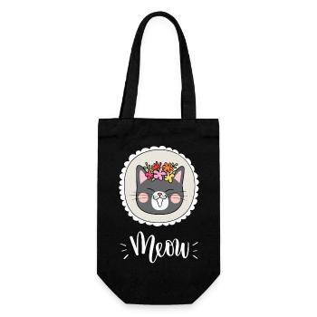 Niedliche Kawaii lustige Katze mit Blumen, die Miauen sagen - Geschenkbeutel für Flaschen - Schwarz - Vorne