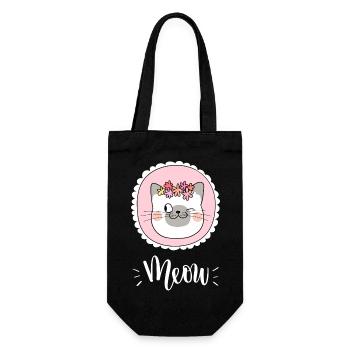 Niedliche Kawaii lustige Katze mit Blumen, die Miauen sagen - Geschenkbeutel für Flaschen - Schwarz - Vorne