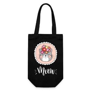 Niedliche Kawaii lustige Katze mit Blumen, die Miauen sagen - Geschenkbeutel für Flaschen - Schwarz - Vorne